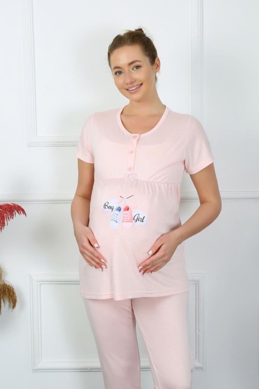 Moda Çizgi Kadın Kısa Kol Hamile Lohusa Pijama Takımı Pudra 45210 - 5