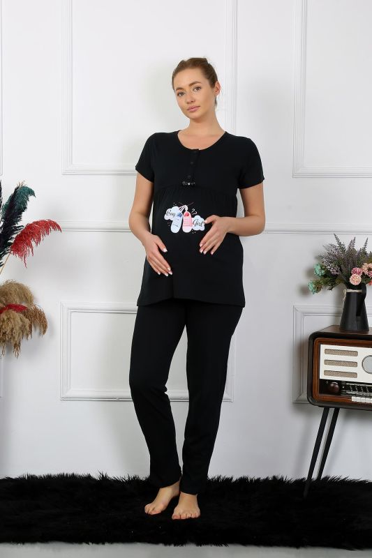 Moda Çizgi Kadın Kısa Kol Hamile Lohusa Pijama Takımı Siyah 45210 - 4