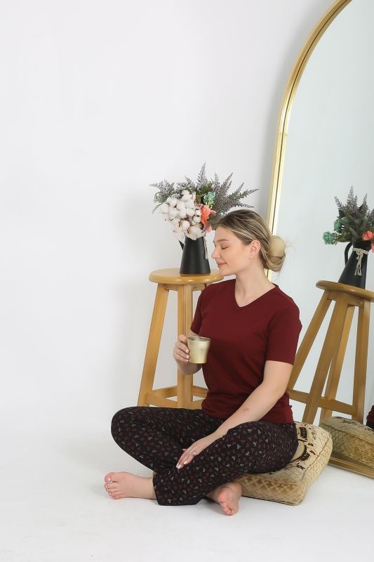 Moda Çizgi Kadın Kısa Kol Pamuk Penye Pijama Takım Bordo 4214 - 1