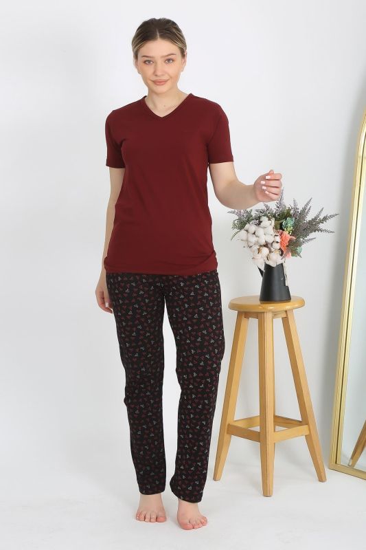 Moda Çizgi Kadın Kısa Kol Pamuk Penye Pijama Takım Bordo 4214 - 2