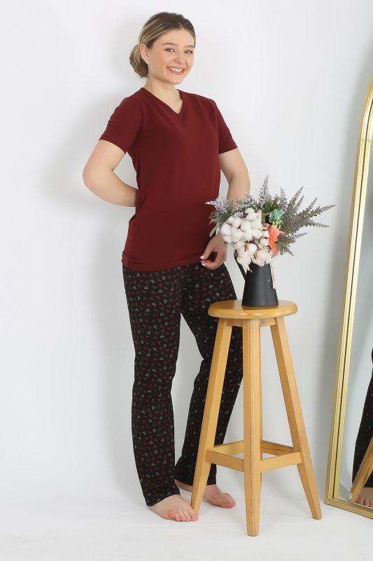 Moda Çizgi Kadın Kısa Kol Pamuk Penye Pijama Takım Bordo 4214 - 3