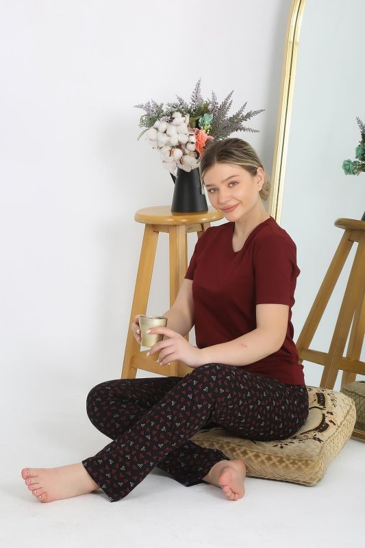 Moda Çizgi Kadın Kısa Kol Pamuk Penye Pijama Takım Bordo 4214 - 4