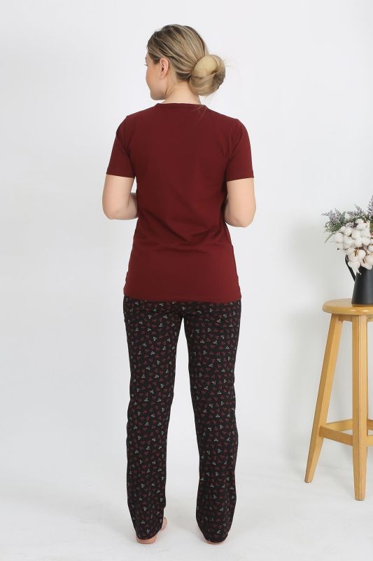 Moda Çizgi Kadın Kısa Kol Pamuk Penye Pijama Takım Bordo 4214 - 5