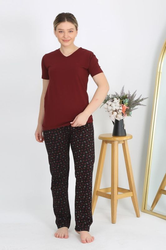 Moda Çizgi Kadın Kısa Kol Pamuk Penye Pijama Takım Bordo 4214 - 6
