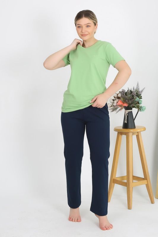 Moda Çizgi Kadın Kısa Kol Pamuk Penye Pijama Takım Fıstık Yeşili 4215 - 1