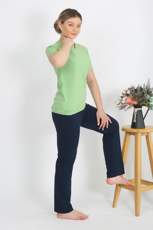 Moda Çizgi Kadın Kısa Kol Pamuk Penye Pijama Takım Fıstık Yeşili 4215 - 2