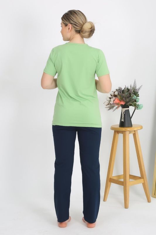 Moda Çizgi Kadın Kısa Kol Pamuk Penye Pijama Takım Fıstık Yeşili 4215 - 3