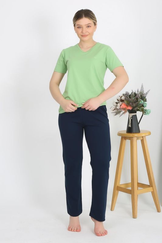 Moda Çizgi Kadın Kısa Kol Pamuk Penye Pijama Takım Fıstık Yeşili 4215 - 4