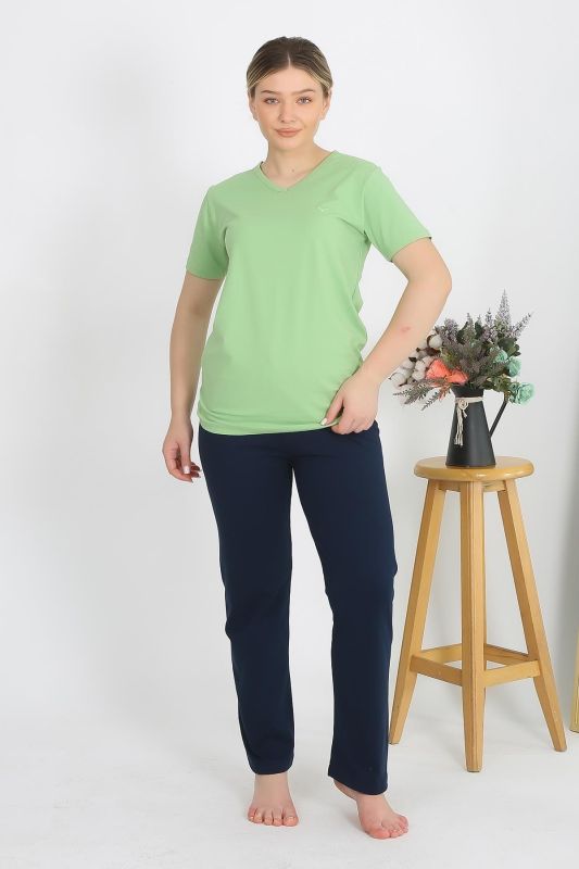 Moda Çizgi Kadın Kısa Kol Pamuk Penye Pijama Takım Fıstık Yeşili 4215 - 5