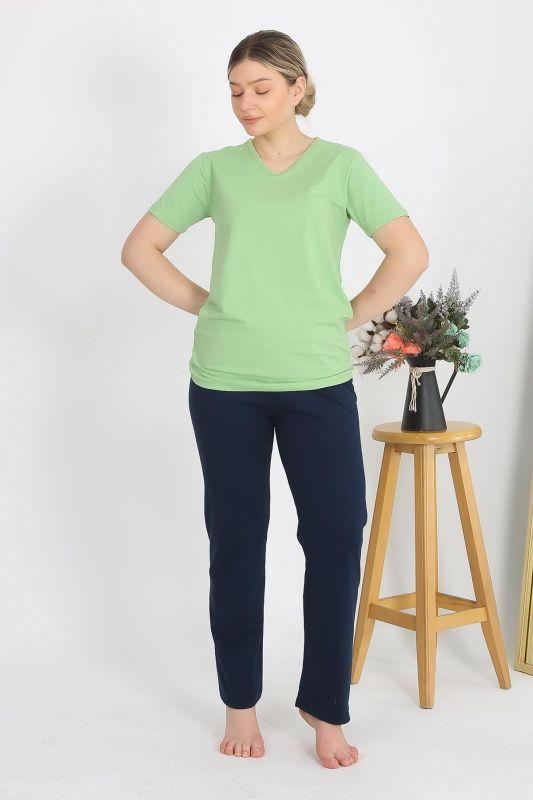 Moda Çizgi Kadın Kısa Kol Pamuk Penye Pijama Takım Fıstık Yeşili 4215 - 6