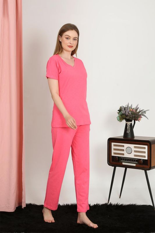 Moda Çizgi Kadın Kısa Kol Pamuk Penye Pijama Takım Fuşya 4213 - 1