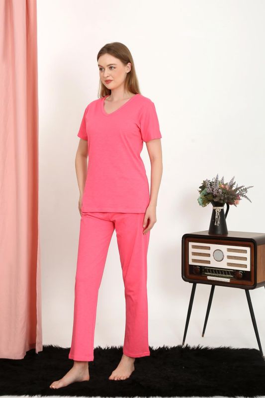 Moda Çizgi Kadın Kısa Kol Pamuk Penye Pijama Takım Fuşya 4213 - 2
