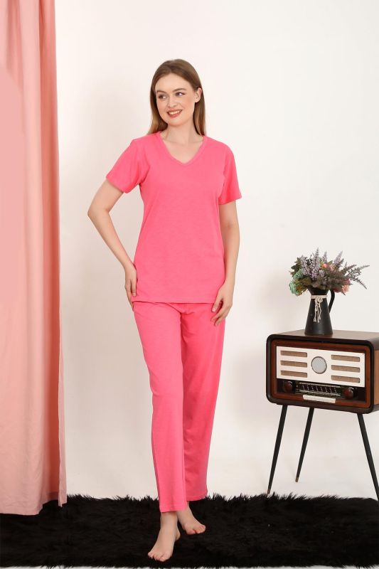 Moda Çizgi Kadın Kısa Kol Pamuk Penye Pijama Takım Fuşya 4213 - 3