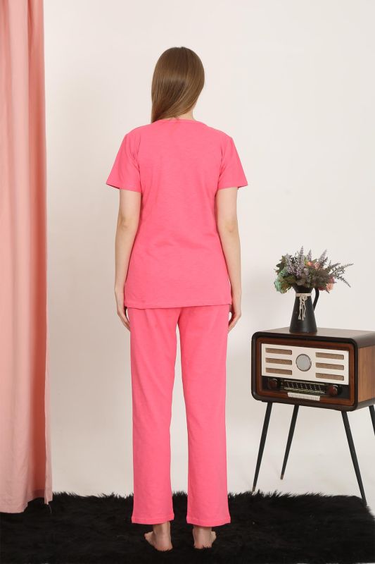 Moda Çizgi Kadın Kısa Kol Pamuk Penye Pijama Takım Fuşya 4213 - 4