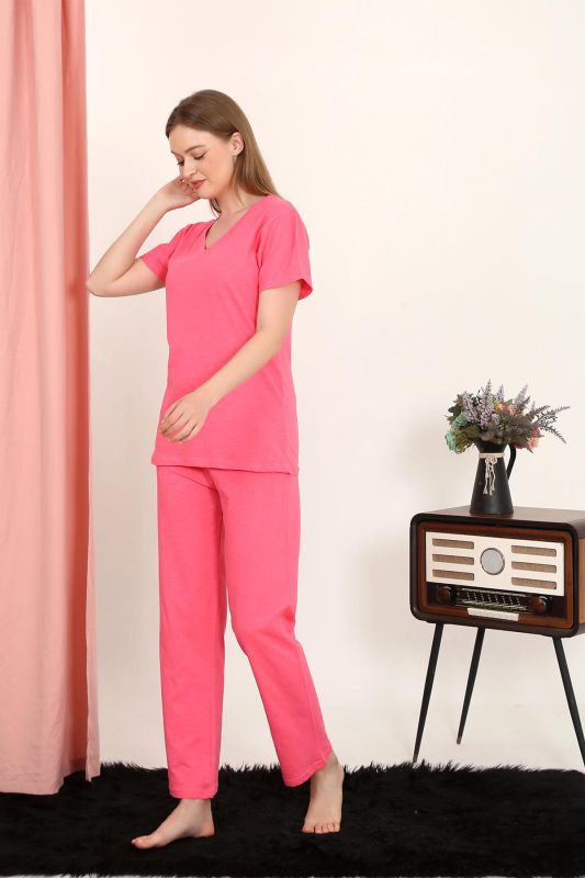 Moda Çizgi Kadın Kısa Kol Pamuk Penye Pijama Takım Fuşya 4213 - 5