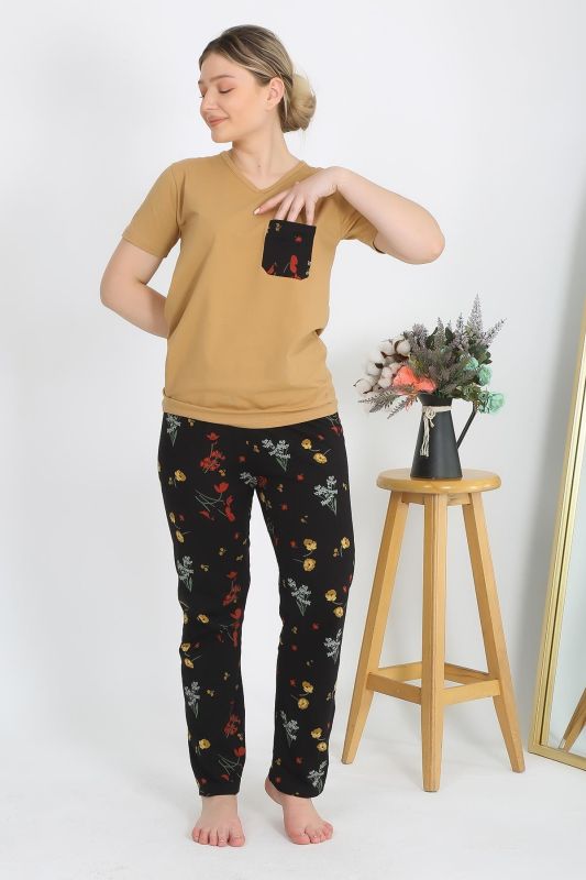 Moda Çizgi Kadın Kısa Kol Pamuk Penye Pijama Takım Hardal 4214 - 1