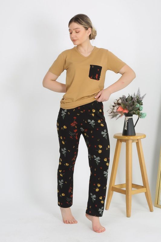 Moda Çizgi Kadın Kısa Kol Pamuk Penye Pijama Takım Hardal 4214 - 2
