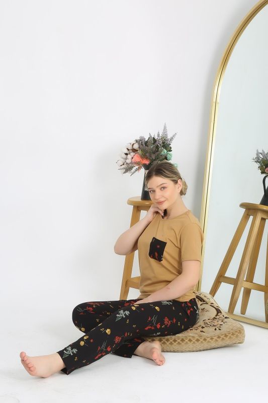 Moda Çizgi Kadın Kısa Kol Pamuk Penye Pijama Takım Hardal 4214 - 3