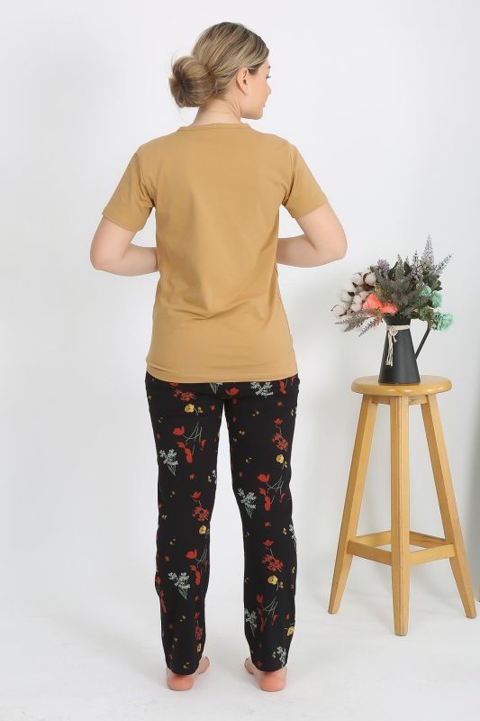 Moda Çizgi Kadın Kısa Kol Pamuk Penye Pijama Takım Hardal 4214 - 4