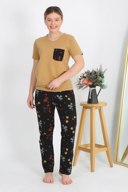 Moda Çizgi Kadın Kısa Kol Pamuk Penye Pijama Takım Hardal 4214 - 5