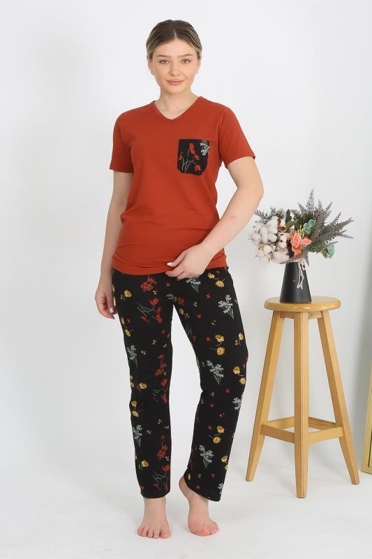 Moda Çizgi Kadın Kısa Kol Pamuk Penye Pijama Takım Kremit 4214 - 1