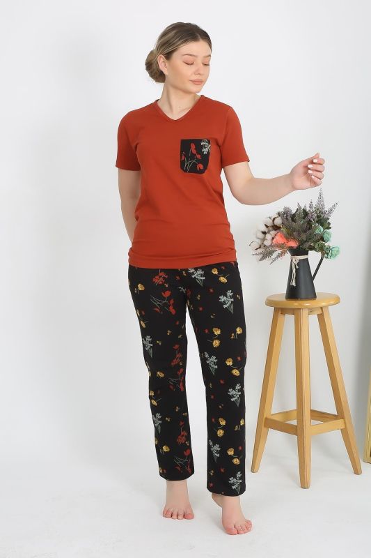 Moda Çizgi Kadın Kısa Kol Pamuk Penye Pijama Takım Kremit 4214 - 2