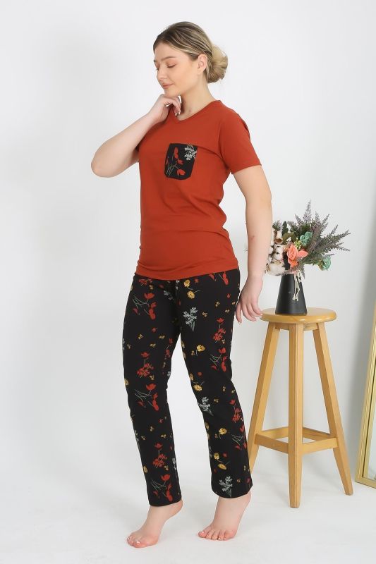 Moda Çizgi Kadın Kısa Kol Pamuk Penye Pijama Takım Kremit 4214 - 3