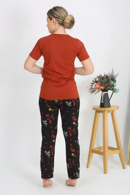 Moda Çizgi Kadın Kısa Kol Pamuk Penye Pijama Takım Kremit 4214 - 4
