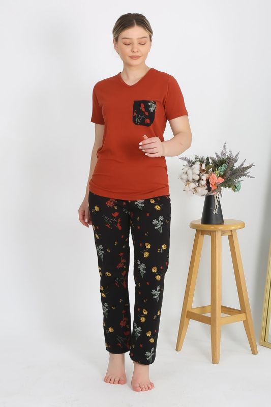 Moda Çizgi Kadın Kısa Kol Pamuk Penye Pijama Takım Kremit 4214 - 5