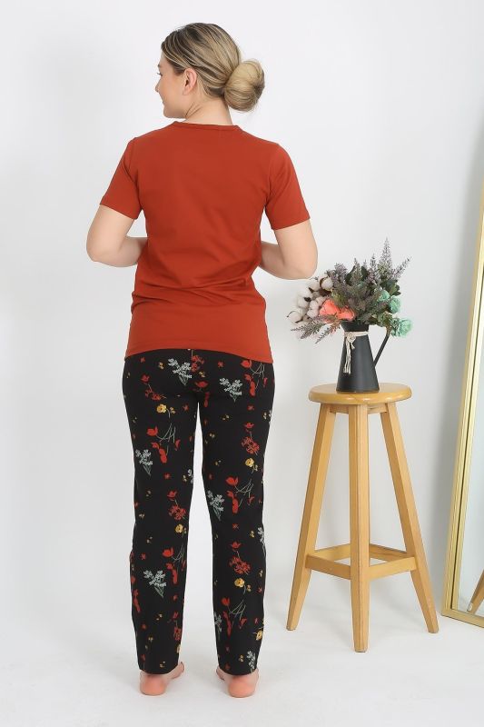 Moda Çizgi Kadın Kısa Kol Pamuk Penye Pijama Takım Kremit 4214 - 6
