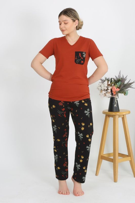 Moda Çizgi Kadın Kısa Kol Pamuk Penye Pijama Takım Kremit 4214 - 7