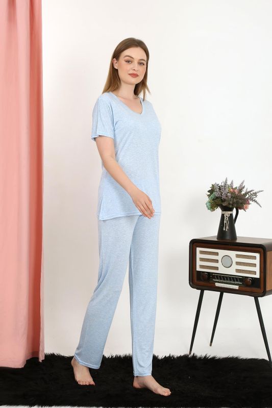 Moda Çizgi Kadın Kısa Kol Pamuk Penye Pijama Takım Mavi 4213 - 1