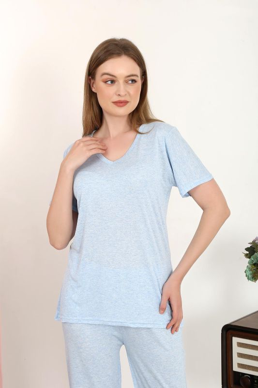 Moda Çizgi Kadın Kısa Kol Pamuk Penye Pijama Takım Mavi 4213 - 2