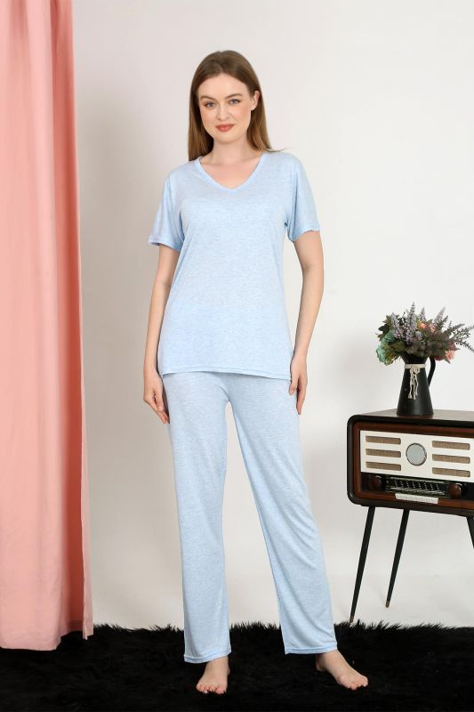 Moda Çizgi Kadın Kısa Kol Pamuk Penye Pijama Takım Mavi 4213 - 3