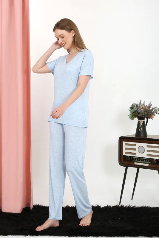Moda Çizgi Kadın Kısa Kol Pamuk Penye Pijama Takım Mavi 4213 - 4