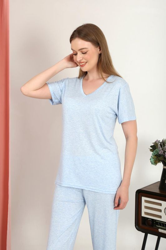 Moda Çizgi Kadın Kısa Kol Pamuk Penye Pijama Takım Mavi 4213 - 5