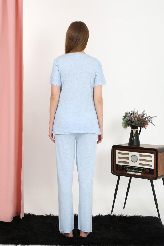 Moda Çizgi Kadın Kısa Kol Pamuk Penye Pijama Takım Mavi 4213 - 6