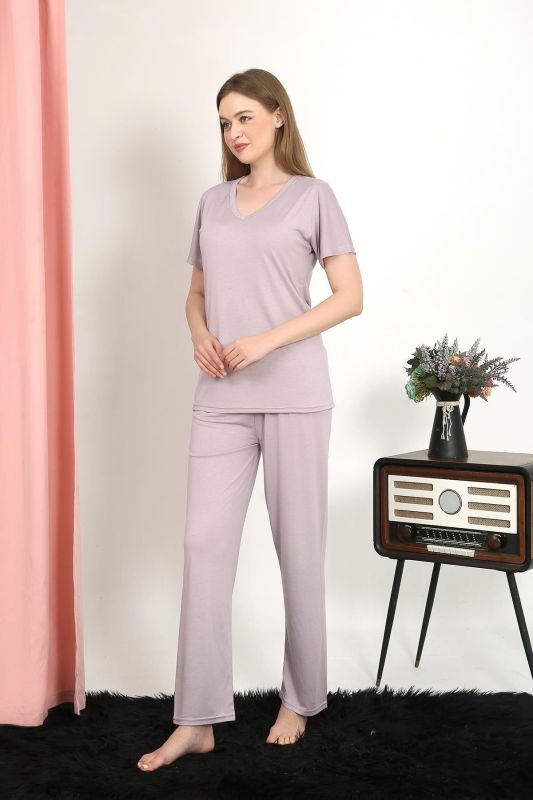 Moda Çizgi Kadın Kısa Kol Pamuk Penye Pijama Takım Pudra 4213 - 1