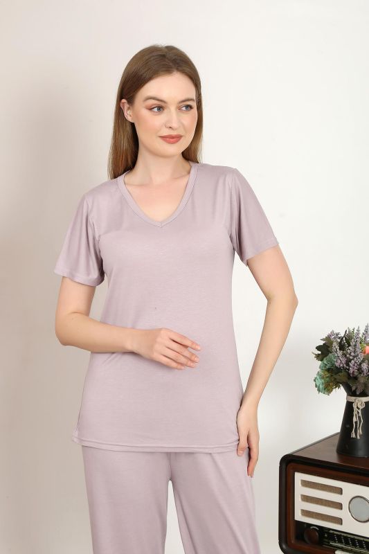 Moda Çizgi Kadın Kısa Kol Pamuk Penye Pijama Takım Pudra 4213 - 2