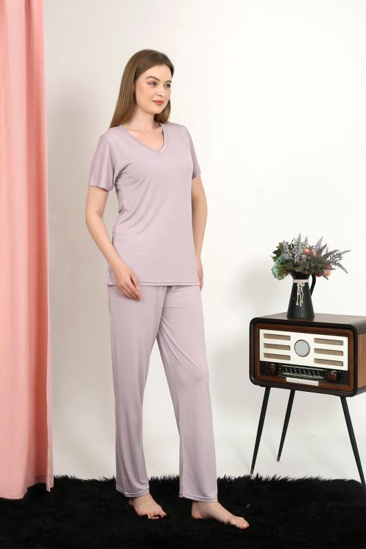 Moda Çizgi Kadın Kısa Kol Pamuk Penye Pijama Takım Pudra 4213 - 3