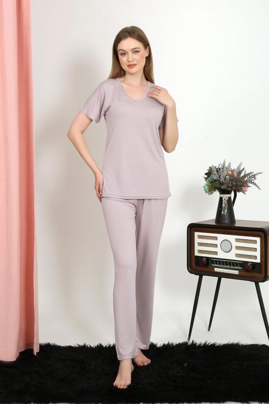 Moda Çizgi Kadın Kısa Kol Pamuk Penye Pijama Takım Pudra 4213 - 4