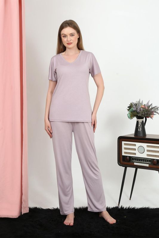 Moda Çizgi Kadın Kısa Kol Pamuk Penye Pijama Takım Pudra 4213 - 6