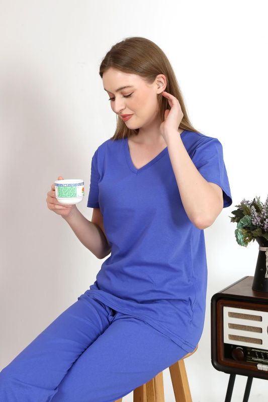 Moda Çizgi Kadın Kısa Kol Pamuk Penye Pijama Takım Saks 4213 - 1