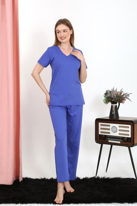 Moda Çizgi Kadın Kısa Kol Pamuk Penye Pijama Takım Saks 4213 - 2