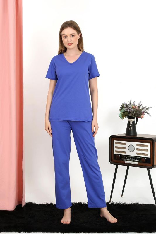 Moda Çizgi Kadın Kısa Kol Pamuk Penye Pijama Takım Saks 4213 - 3