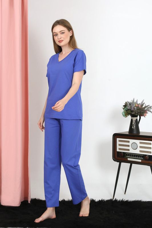 Moda Çizgi Kadın Kısa Kol Pamuk Penye Pijama Takım Saks 4213 - 4