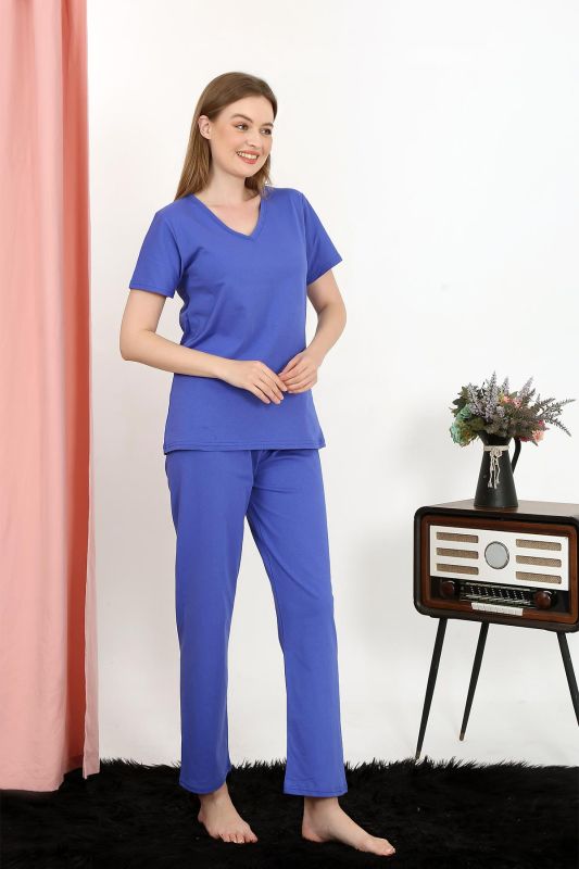 Moda Çizgi Kadın Kısa Kol Pamuk Penye Pijama Takım Saks 4213 - 5