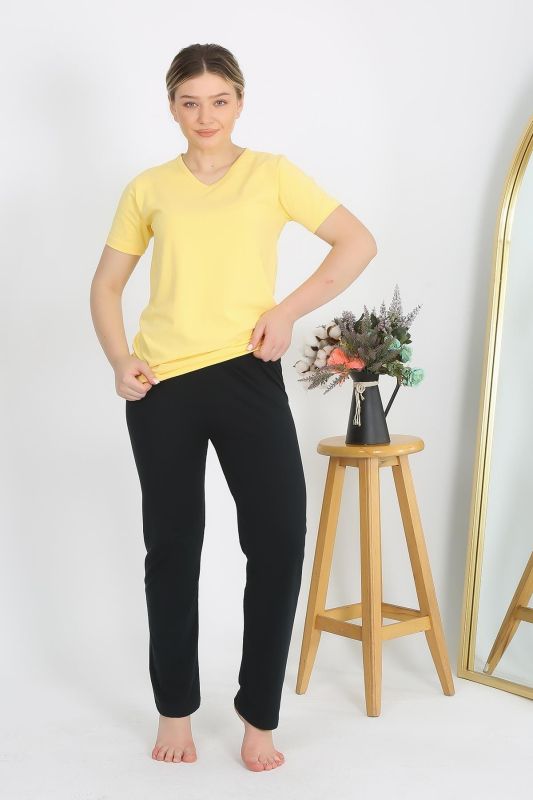 Moda Çizgi Kadın Kısa Kol Pamuk Penye Pijama Takım Sarı 4215 - 1