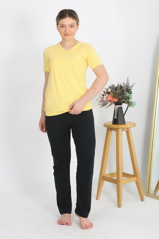 Moda Çizgi Kadın Kısa Kol Pamuk Penye Pijama Takım Sarı 4215 - 2