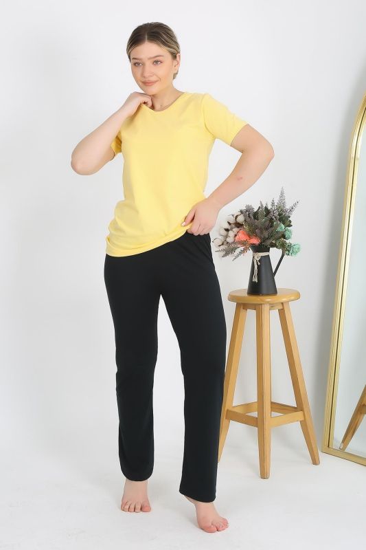 Moda Çizgi Kadın Kısa Kol Pamuk Penye Pijama Takım Sarı 4215 - 3